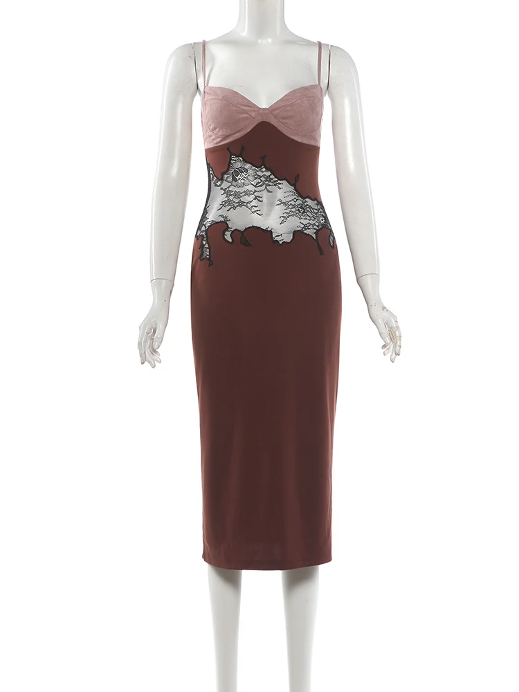 Weird Puss Spitzen-Patchwork-Kleid Damenmode Sexy Rückenfreies Elegantes Ärmelloses Abendkleid mit Quadratischem Ausschnitt für Party und Club – Detail 3