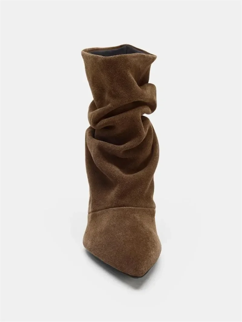 Retro Damen-Stiefeletten mit spitzer Spitze, modische Wildleder-Slouch-Stiefel für Damen, exquisite Stiefeletten im französischen Stil, Designer-Schuhe, Botas Mujer – Detail 4