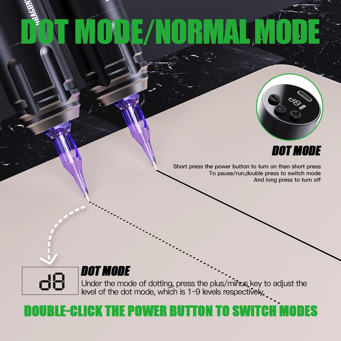 Dragonhawk Wireless Tattoo Machine Rotary Pen With Voltage& Dot Work Modes 1600mAh 6-7H Working Time For Lining Shading Dot Work