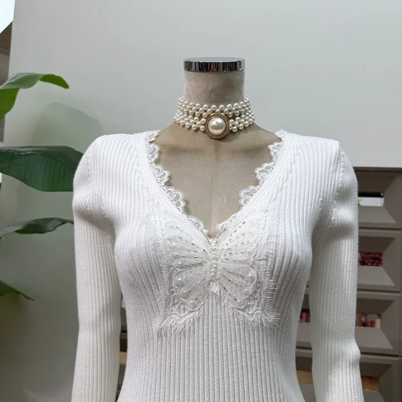 Nuevo vestido elegante de punto de encaje elástico con cuello en V de manga larga para mujer ajustado Sexy moda fiesta de noche Club fecha noche vestidos de otoño