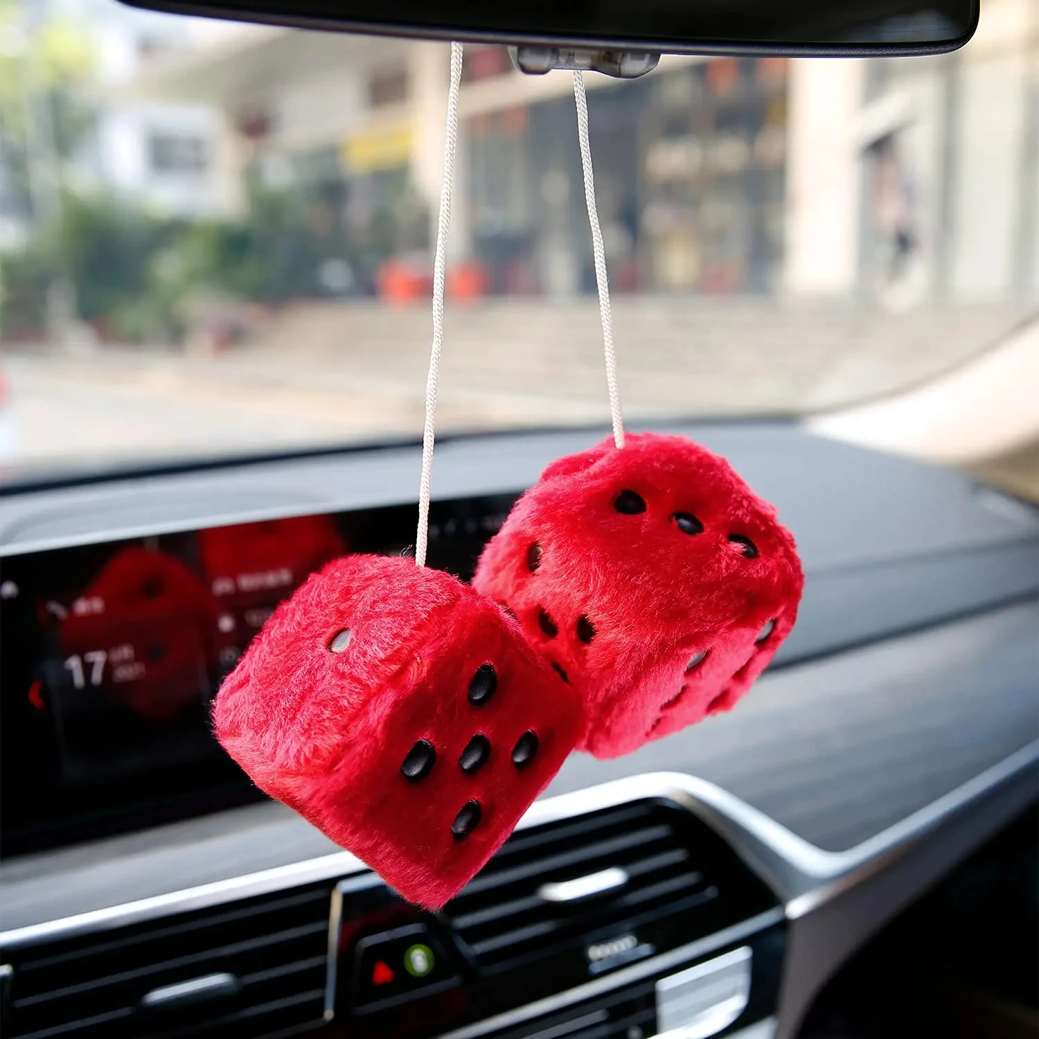 Pair of Retro Square Mirror Hanging Couple Fuzzy Plush Dice with Dots for Car Decoration (Pink) view 3