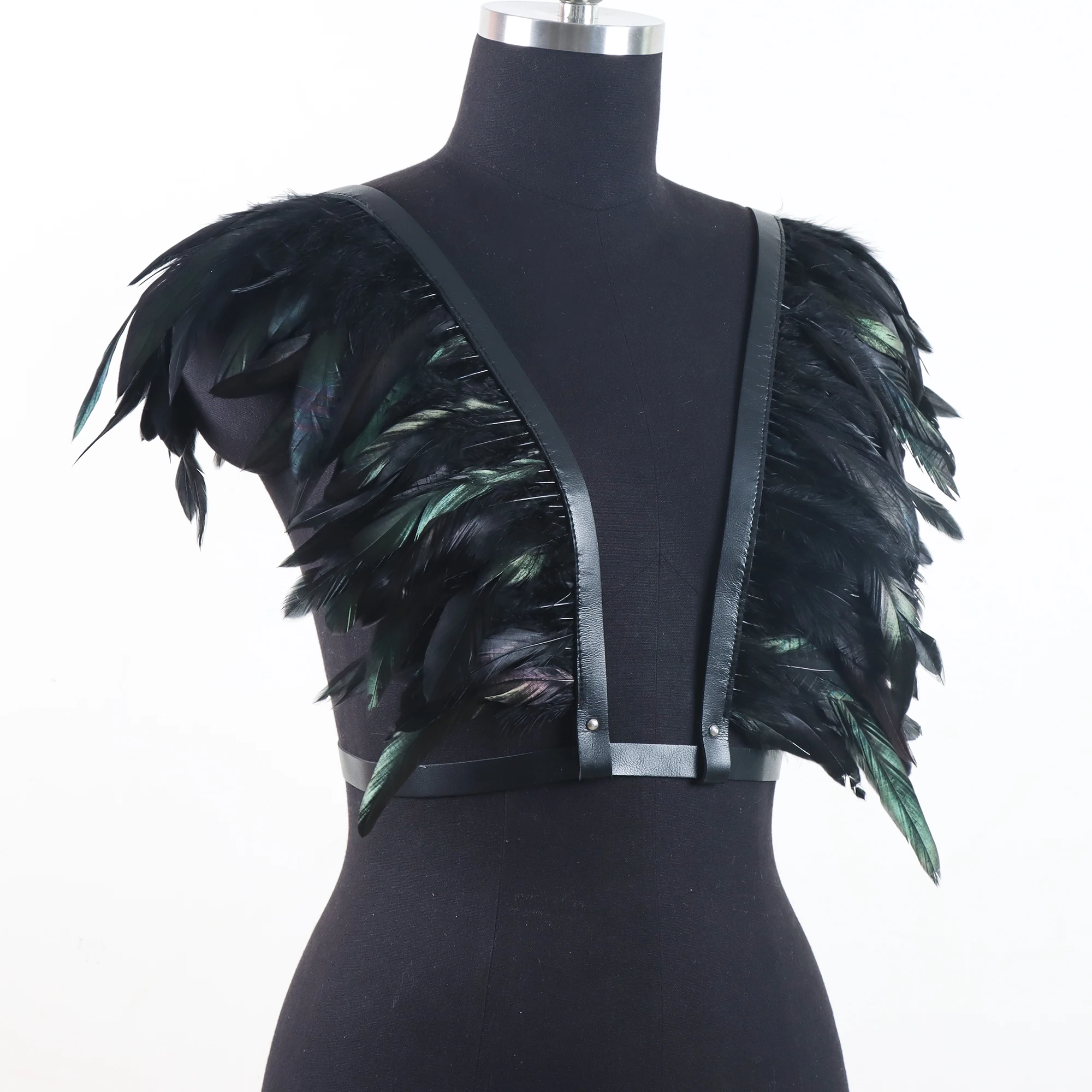 Feather Shawl Halloween for Women Black Luxury PU Leather Harness Shoulder Wraps Punk Feather Scarves Clown Cosplay Goth Clothes