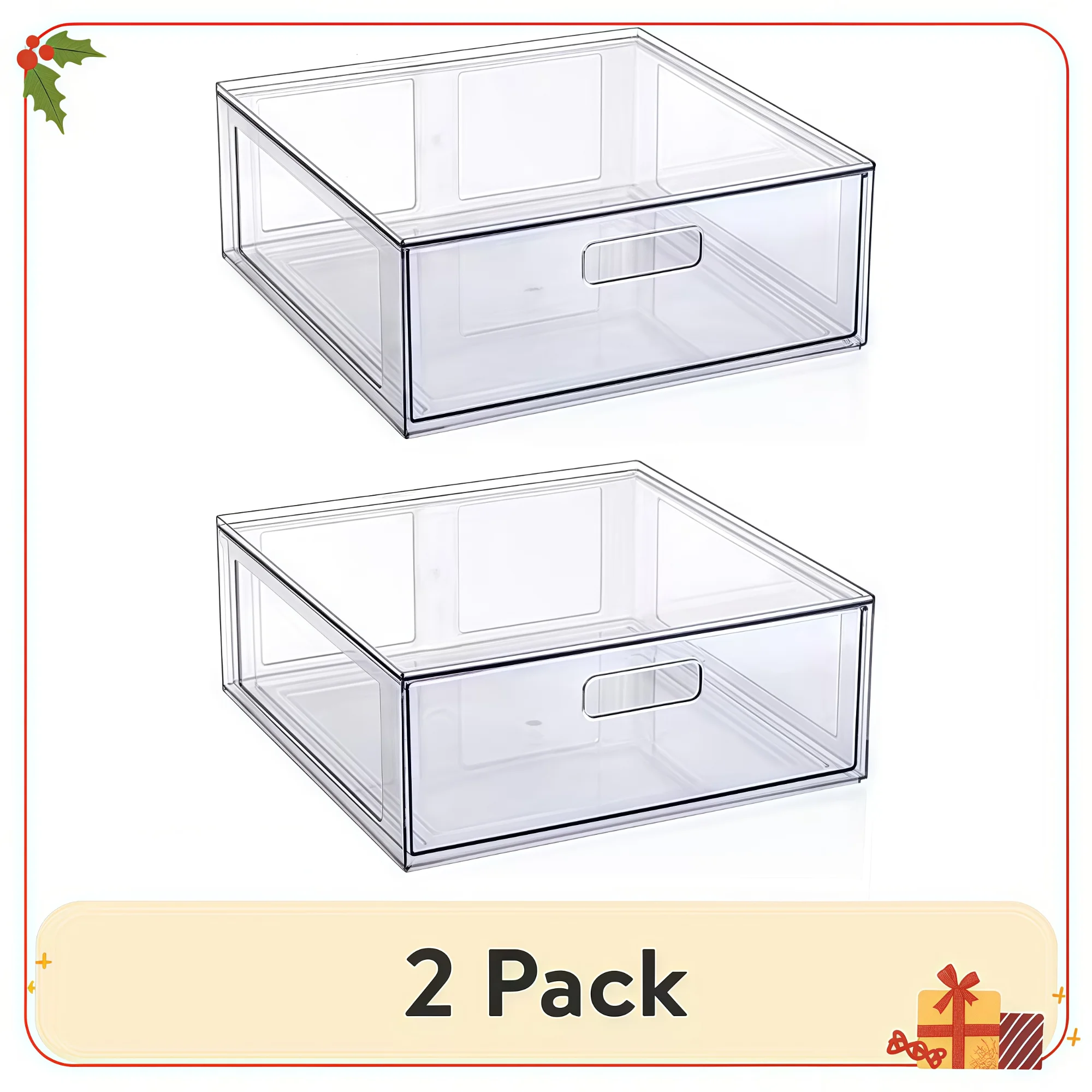 2個セット 大型 透明 光沢 プラスチック製 クローゼット引き出し、棚とキャビネット用プルアウトオーガナイザー、大人用収納ボックス