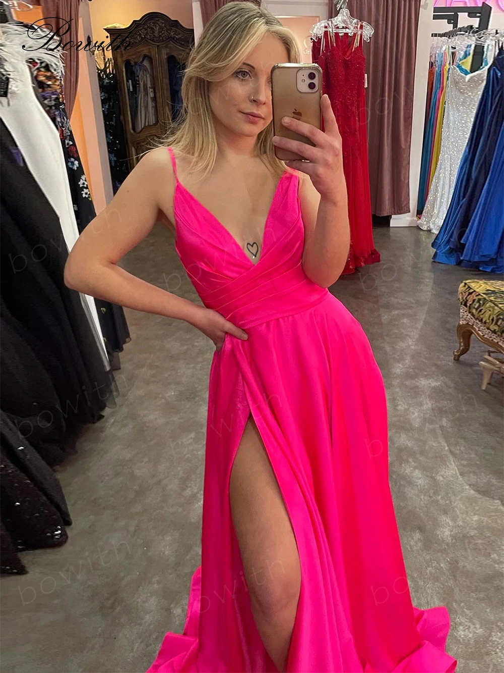 Bowith Fuchsia Party Dress Elegant Evening Dress for Women A Line Formal Occasion Dress with High Slit vestido de noche