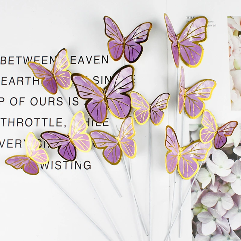 10pcs Stamping Gold Pink Butterfly Cake Toppers Happy Birthday Party Decor Girl Wedding Dessert Cake Decor Baby Shower Gifts