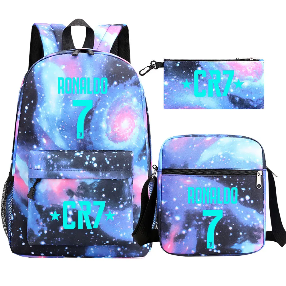 Mochila escolar grande impermeável para mulheres, bolsas de ombro para estudantes adolescentes, CR7, tendência da moda, 3 peças