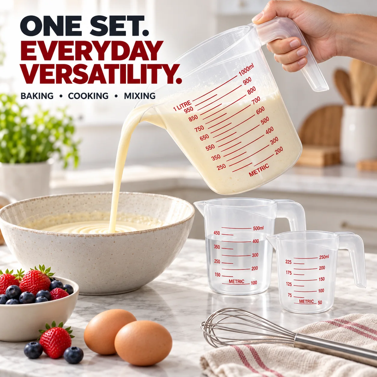 3-Piece Clear Plastic Measuring Jug Set with Reinforced Handles Easy-Read Markings Food Dispensers 250ml/500ml/1000ml for Kitche