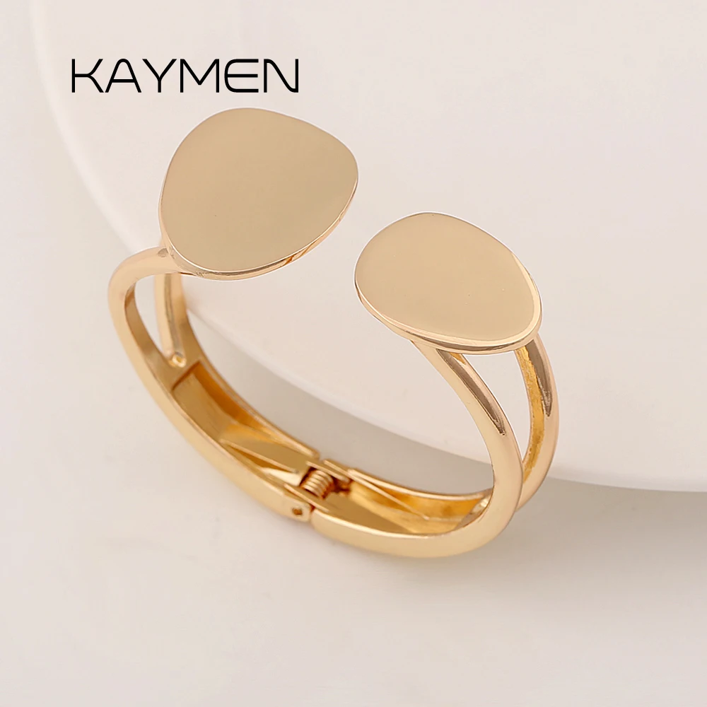 Teardrop Smooth Gold Alloy Bangle Asymmetric Open Women Fashion Bracelet Stylish Unique Design Chic Accessory Modern Elegant Gif