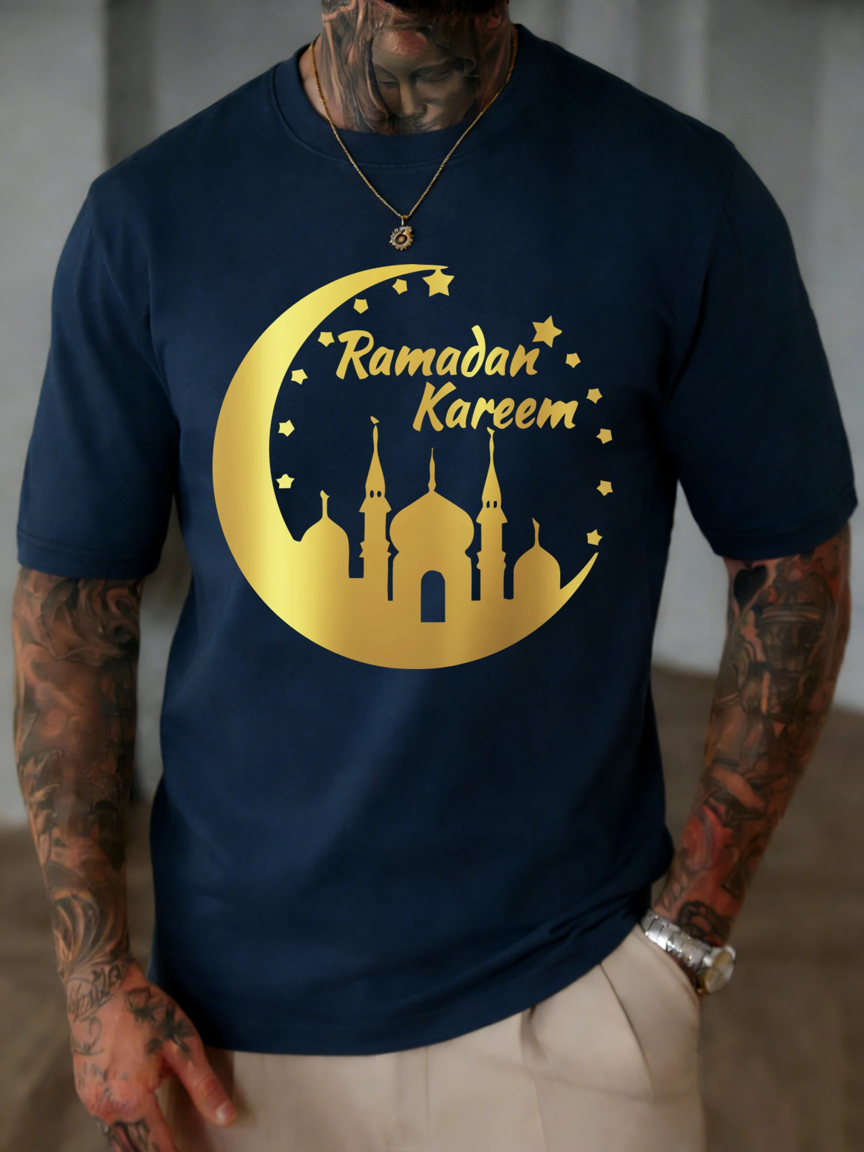 Ramadan Kareem Moon Printed T-Shirts Men Cotton Casual T Shirt Breathable Crewneck Short Sleeve Unisex Summer Fashion Clothing