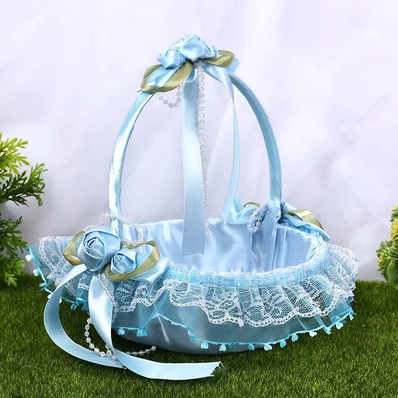 Blue Pink Wedding Flower Girl Basket Simple Lace Rose Cute Handled Flower Storage Basket Candy Container for Wedding Party Decor