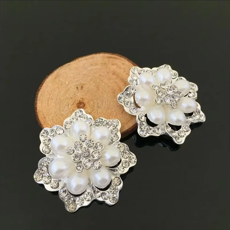 5Pcs 3.9CM*3.9CM Hair Flower Center Buttons Alloy Silver/Gold Pearl Rhinestone Hair Embellishments