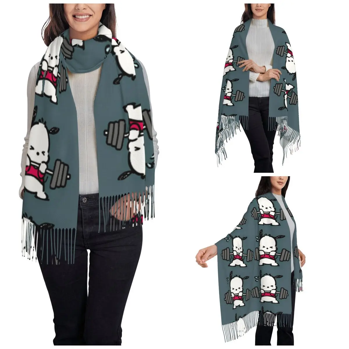 Sports Pochacco Pattern Shawl Wrap Women Winter Large Long Scarf Cute Pashminas Tassel Scarves