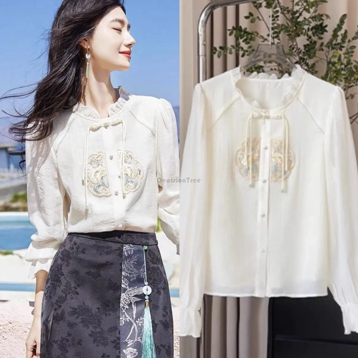 2024 chinese style embroidered temperament chiffon top romantic flounce design lady blouse retro versatile loose tang suit top