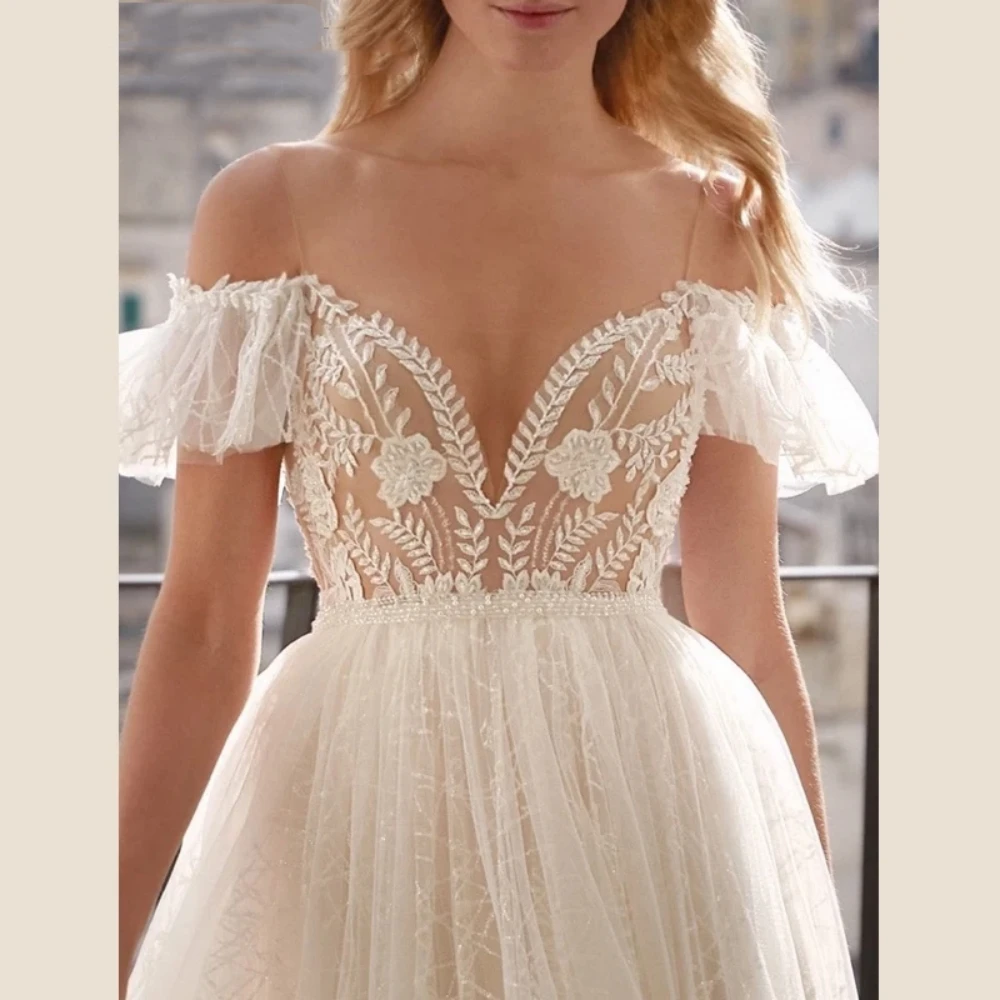 Vestidos de novia de tul con cuello redondo y hombros caídos para novia, Apliques de encaje exquisitos, vestidos de fiesta de línea a, talla grande