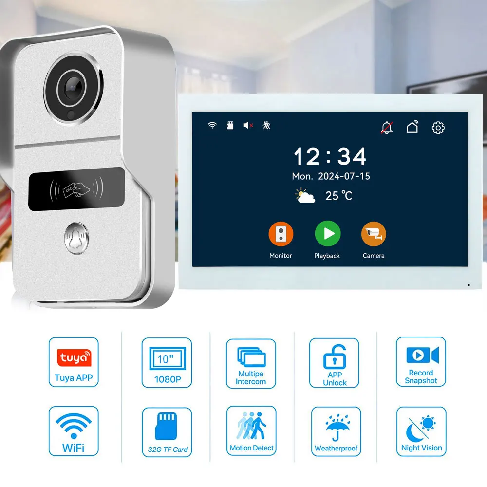 Tuya Wireless Wifi 2 Wire Video Doorbell System, 1080P Doorphone Door Camera, 10 Inch Touch Screen, with 32GB Card Electric Lock