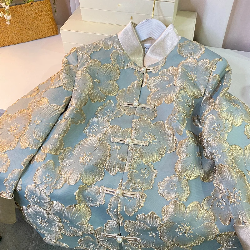 Veste à fleurs jacquard vintage pour femme, style chinois élégant, top coat bleu, combinaison de fleurs dorées Dobby, automne et printemps