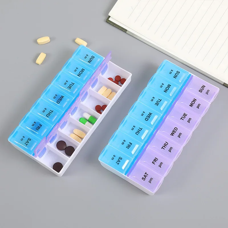 Pillendose 7-Tage-Wochen-Medikamenten-Aufbewahrungsbox Doppelreihig 14-Fächer-Tablettenspender Organizer mit Öffnungsdeckel Erste-Hilfe-Set-Behälter – Detail 12