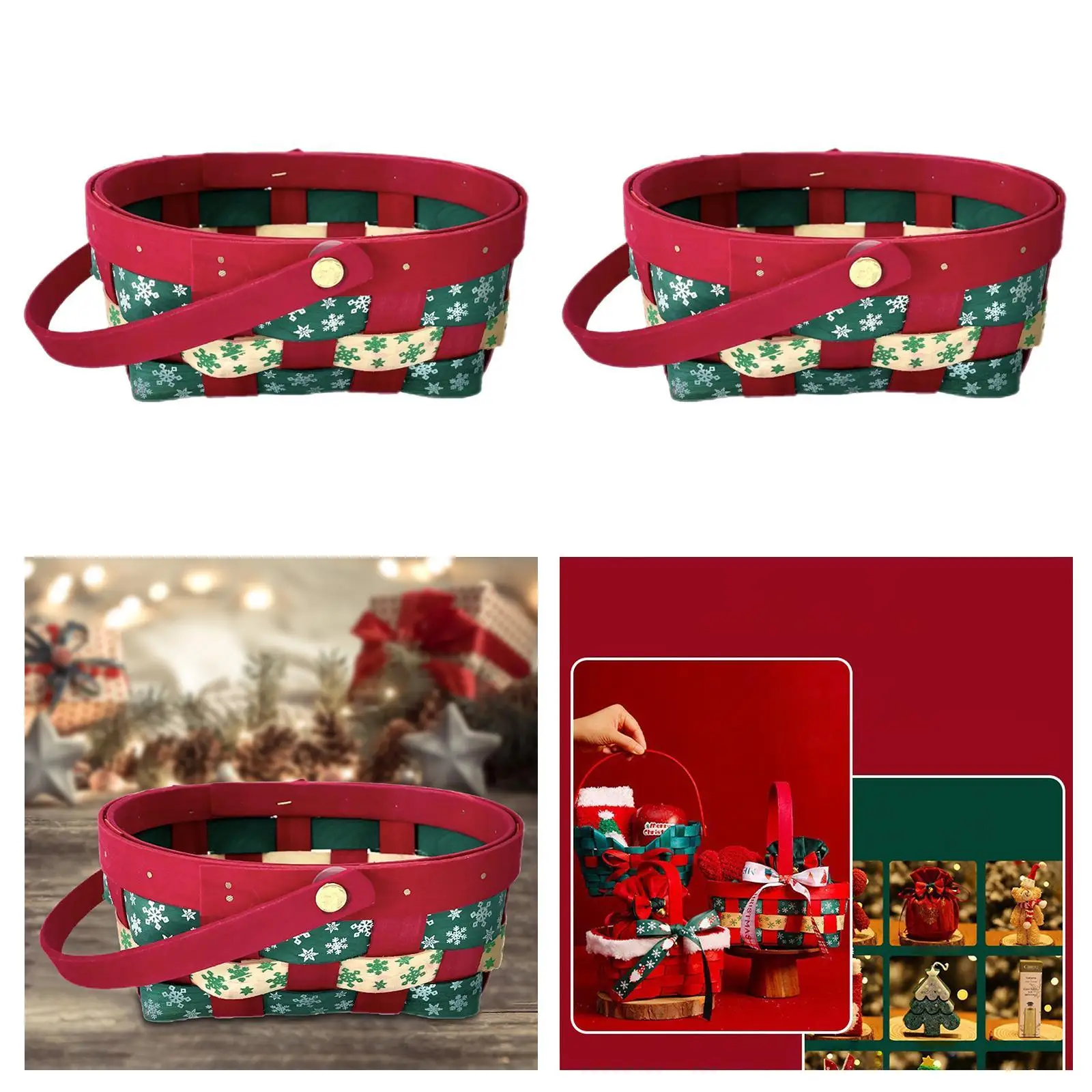 Cesta de regalo de Navidad, cesta de mano de Navidad, multifunción con asa, cesta de dulces creativa, cesta de almacenamiento de suministros de fiesta vacía