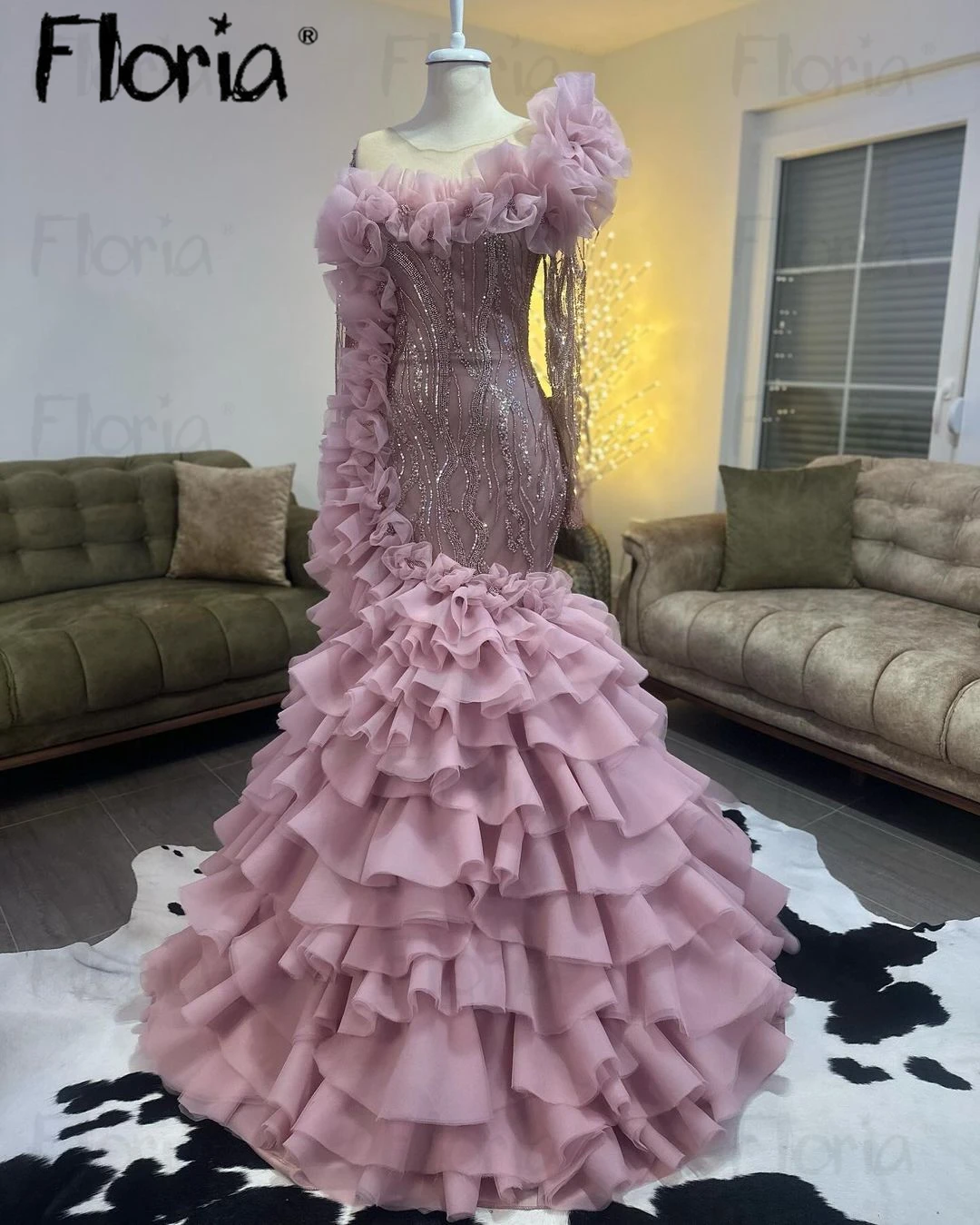 

Floria Ruffle Tiered Blush Pink Prom Gowns Arabic Women Wedding Party Dress Sweet 16 Vestidos De 15 Años South African Robes