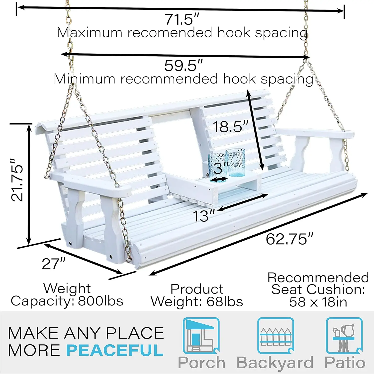 Amish-RapDuty Console Porch Swing avec porte-gobelet en duvet, White Stain, Amish Made in USA, Treated Enrichi, Hangin