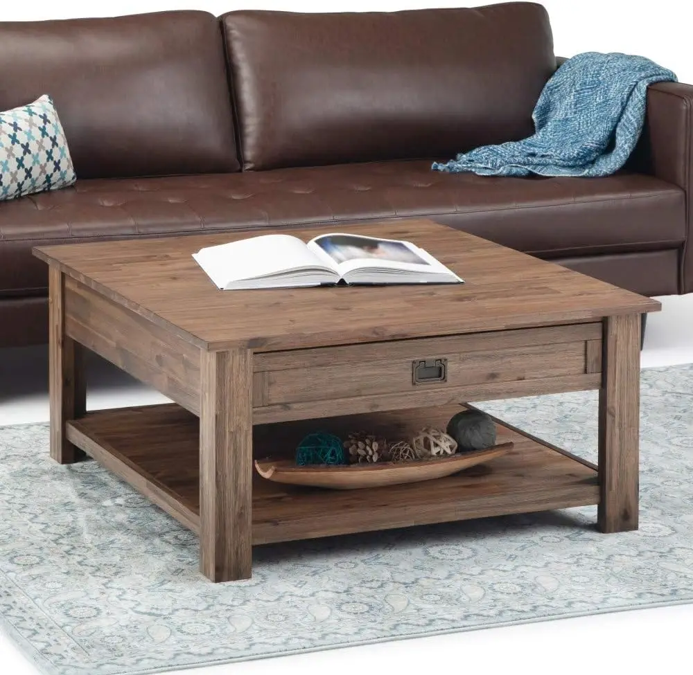 Simplihome Monroe Solid Acacia Wood 38 Inch Wide Square Rustic Coffee Table In Rustic Natural Aged Brown, For The Living Room