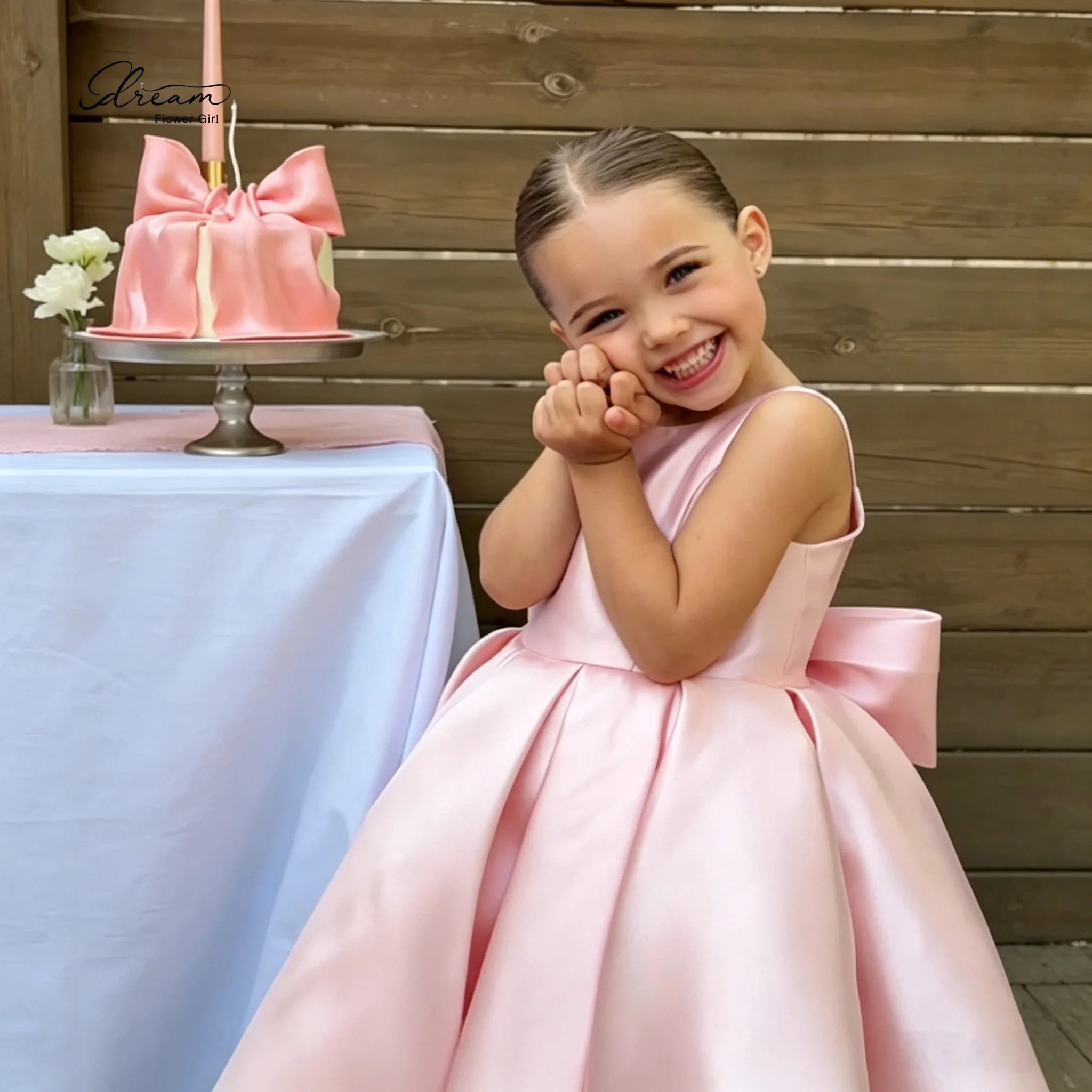 Custom Pink Satin Sleeveless Floor-Length Formal Children's Gown Princess Style with Open Back and Back Bow Detail