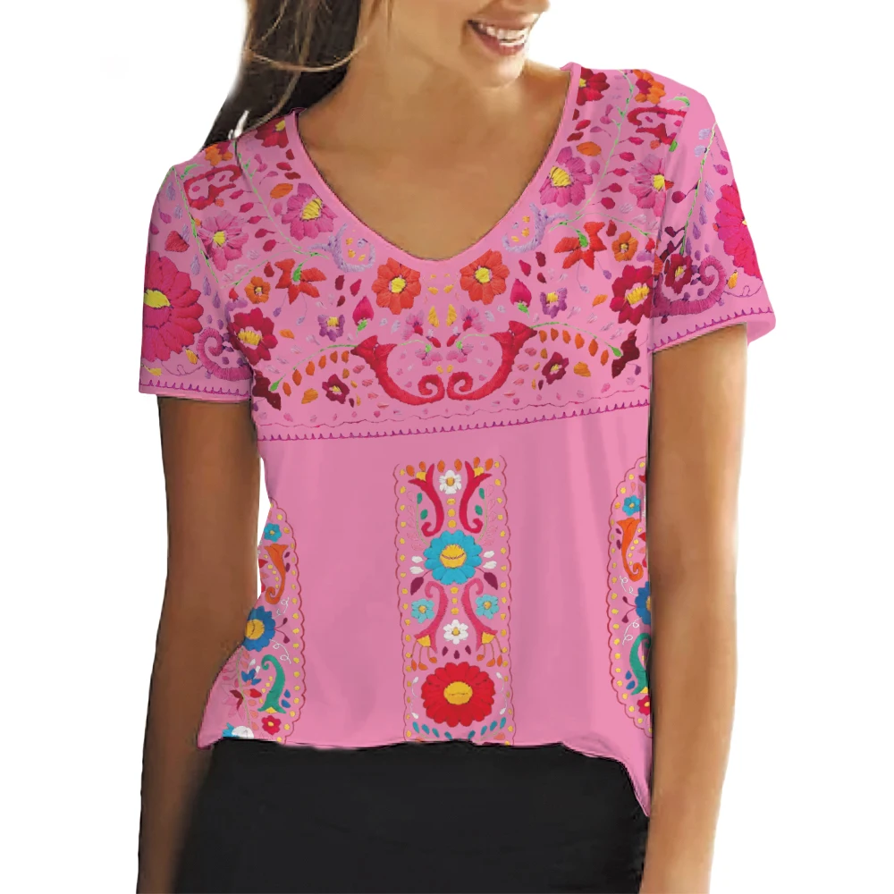 Hippie-Boho Style Short Sleeve V-neck Women Top 3D Printed Colorful Mexican Flowers T-Shirt Floral Shirt Mexican Basic Tee