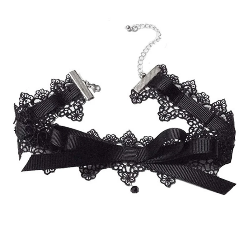 Black Lace Ribbon Collar Necklace Vintage Bowknot Choker Necklace Gothic Jewelry