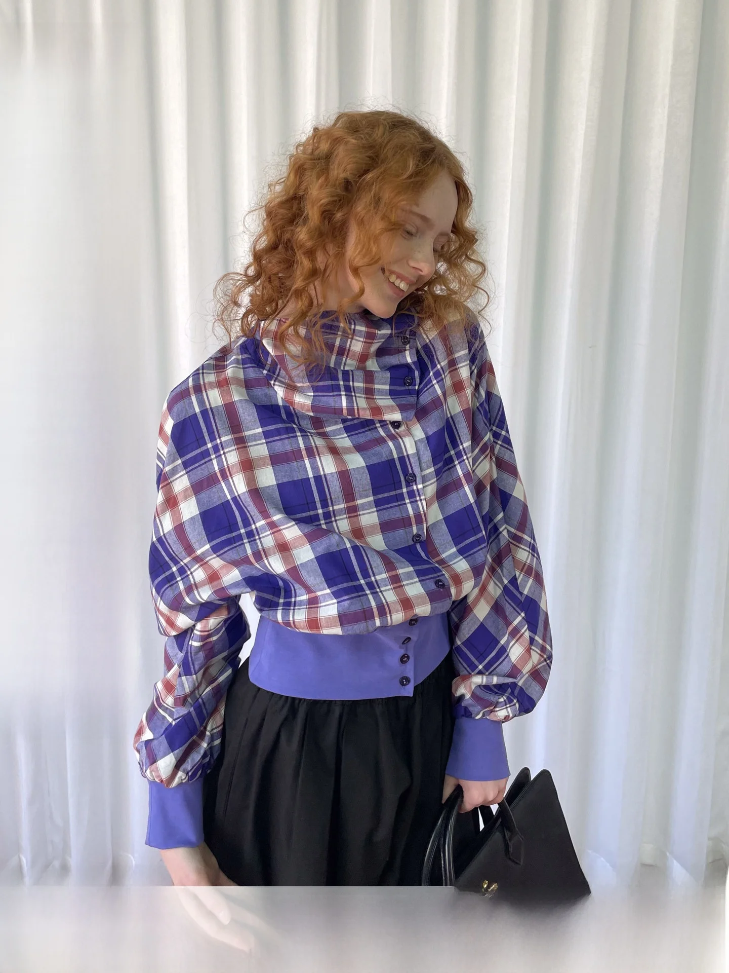 Women's Plaid Long Sleeve Shirt Coat Purple Stripes Loose Fit Slimming Short Top Commute Style Pure Cotton Regular Sleeve