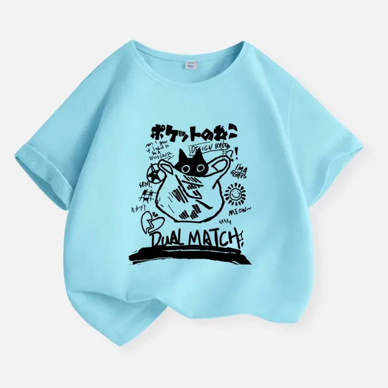 Kids Short Sleeve T Shirt Cool Jazz Club Cat Playing Piano Letter Graphic Print O-Neck Tee Trendy Music Cartoon Boys Girl Top