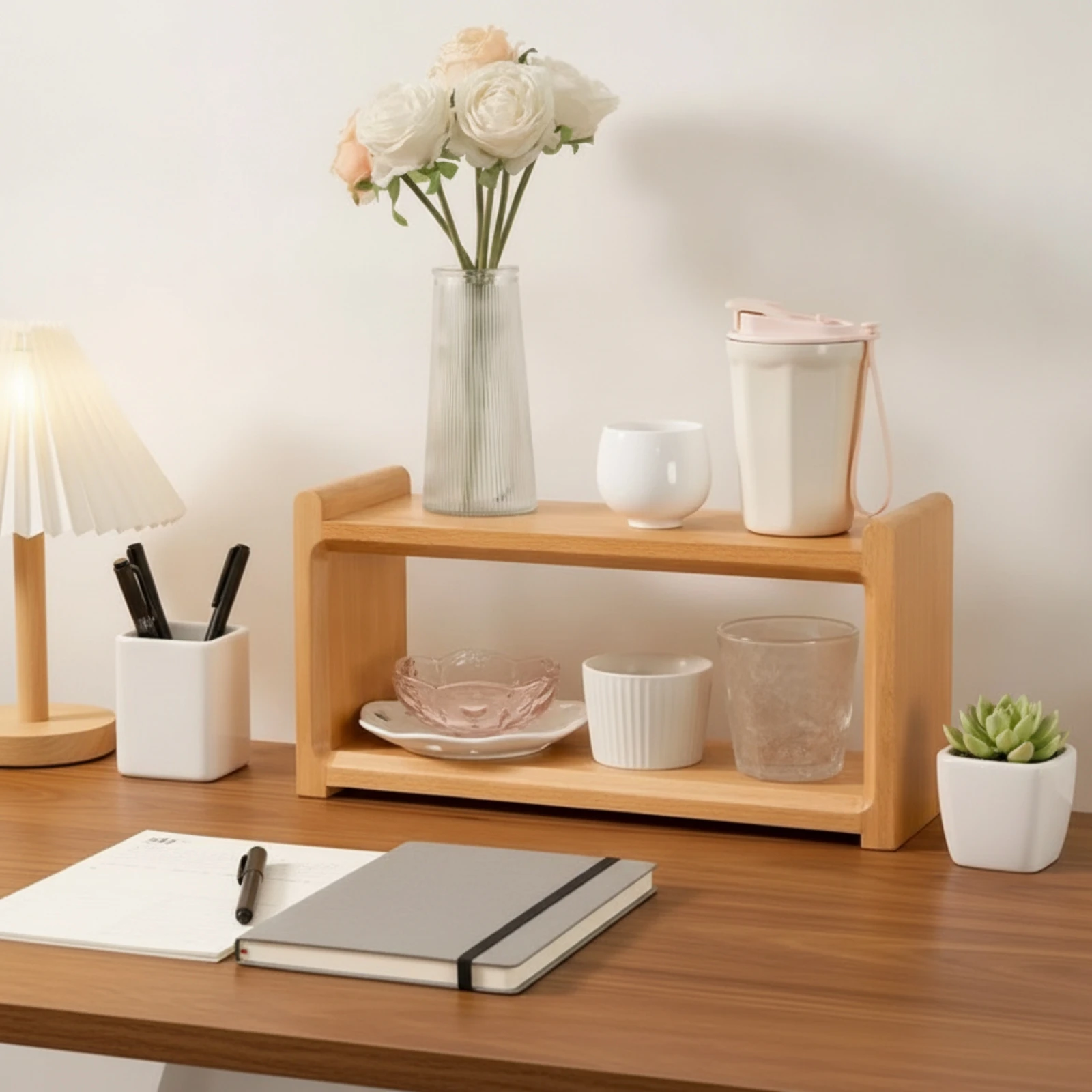 Two-Tier Desk Shelf Solid Wooden Storage Shelf Double-Layer Organizer Polished Furniture Premium for Countertop, Kitchen