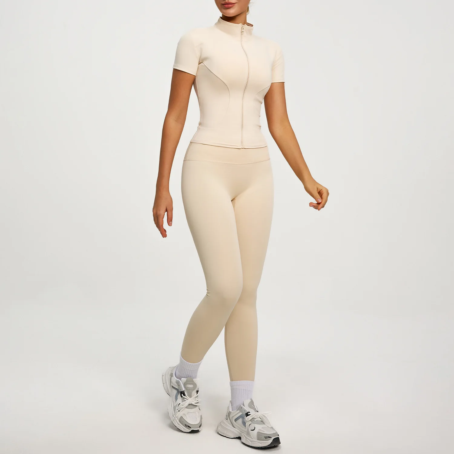Women 2 Piece Yoga Fitness Set Cream Color Tight High Waist Butt Lifting Gym Running Sportswear