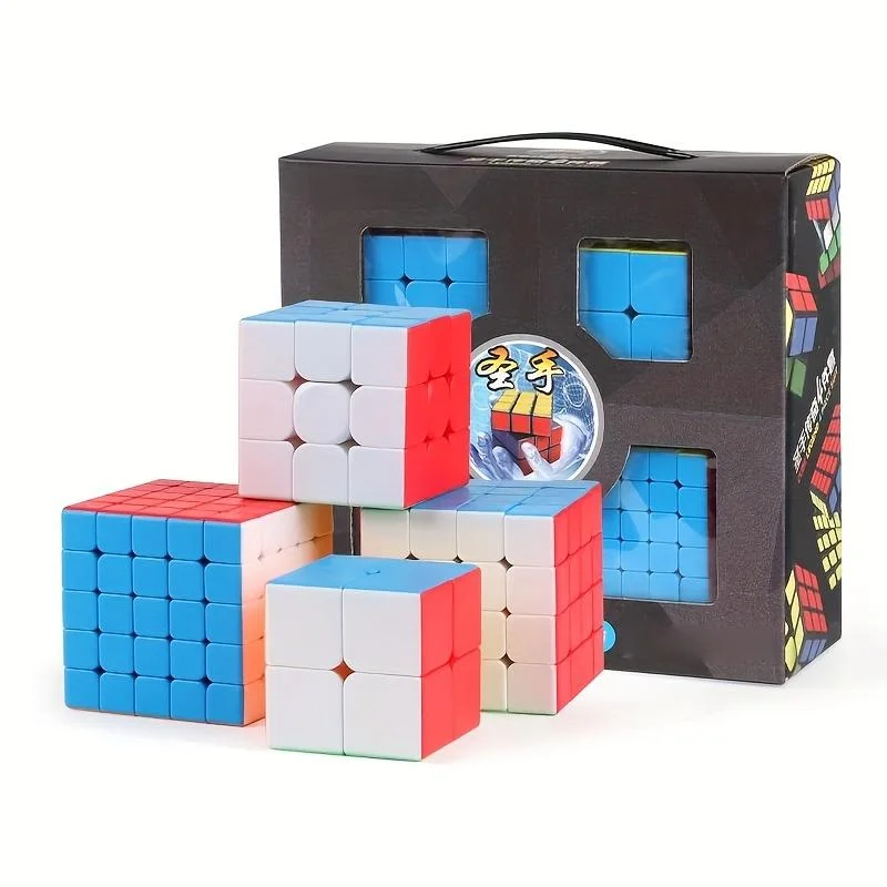 4pcs Speed Magic Cube Set Includes 2x2, 3x3, 4x4,  5x5 Cubes And 4 Cube Stands. Stickerles Design. Gift Boxed. Gift For Kids