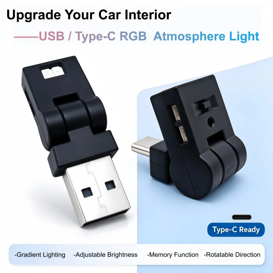 USB Type-C RGB Car Ambient Light 8 Colors Gradient Breathing Light Rotatable LED Lamp Brightness Adjustable Car Interior Light