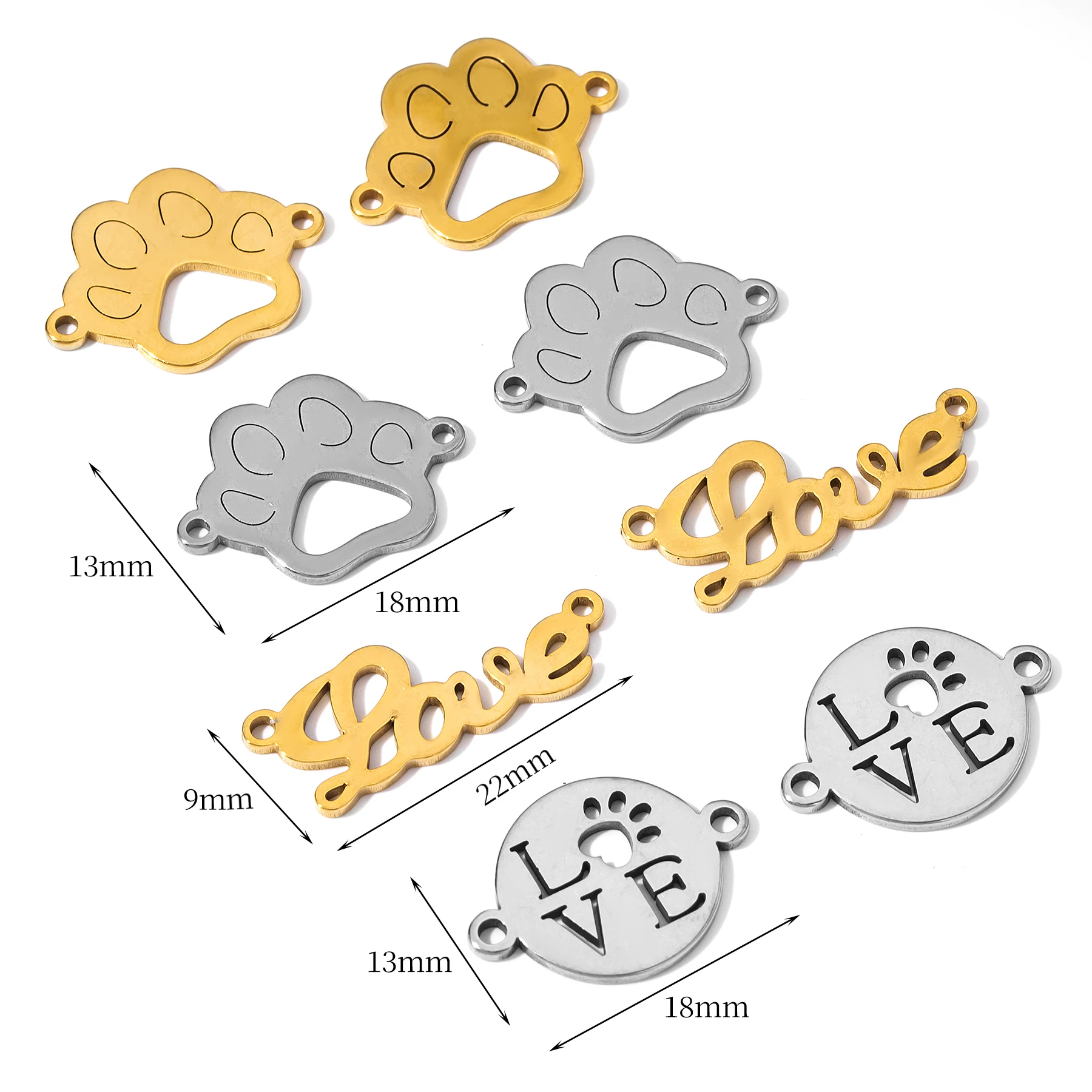 10 Stück/Set Edelstahl-Verbindungsanhänger mit Liebesbrief- und Pfotenabdruck-Motiv für DIY-Schmuckherstellung, Armband, Halskette – Detail 1