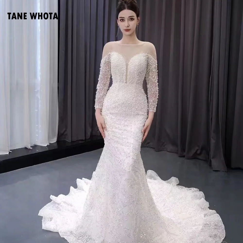 Robe De Mariée O-Neck Long Sleeve Lace Up Back Beading Crystal Embroidery Sexy Bridal Dress Mermaid Customized