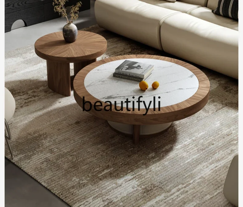 Italian minimalist round coffee table combination living room home antique walnut coffee table side table