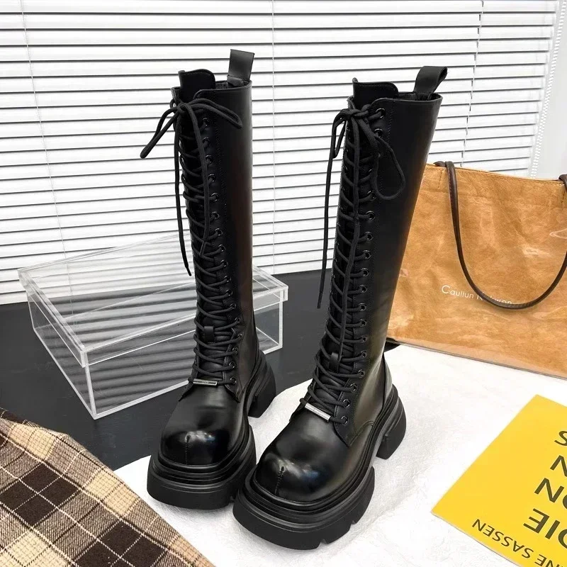 Women's High Boots Front Lacing High Tube Middle Follow Thick Sole Fashion Boots Solid Color Round Head Platform Shoes Commuting