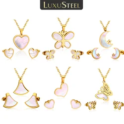 LUXUSTEEL Natural White Shell Necklace Earrings Set For Women Elegant Stainless Steel Heart Butterful Moon Charm Jewelry Sets