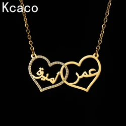 Joyería islámica, collares con colgante personalizado, collar de pareja de 2 corazones chapado en oro de acero inoxidable con circón, regalo con nombre árabe