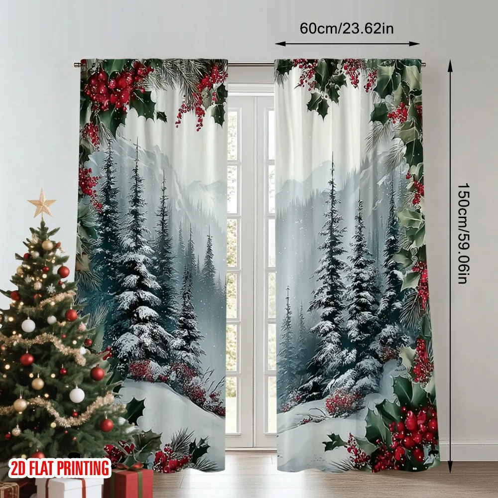 2pcs 2D flat printing Merry Christmas Party Curtains Red green with pine trees in winter Digital Printed Polyester Drapes Party