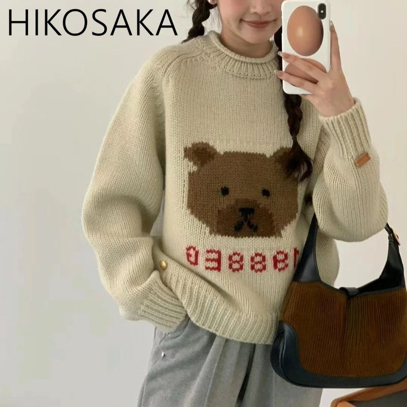 

Korean Chic Kawaii Cartoon Bear Jacquard Sweaters O-neck Long Sleeve Loose Casual Pullovers 2024 Autumn Winter New Sueter Mujer