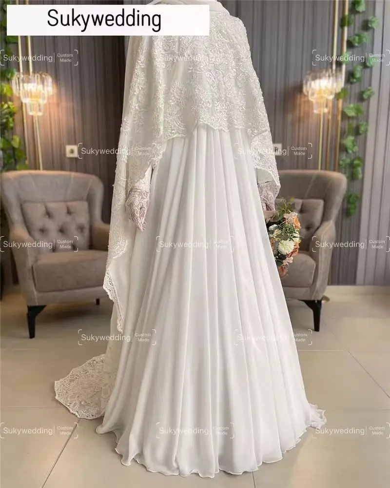 Vestido de novia Hijab musulmán de moda con capa de encaje apliques de gasa de manga larga vestido de novia árabe de Dubái Vestidos personalizados