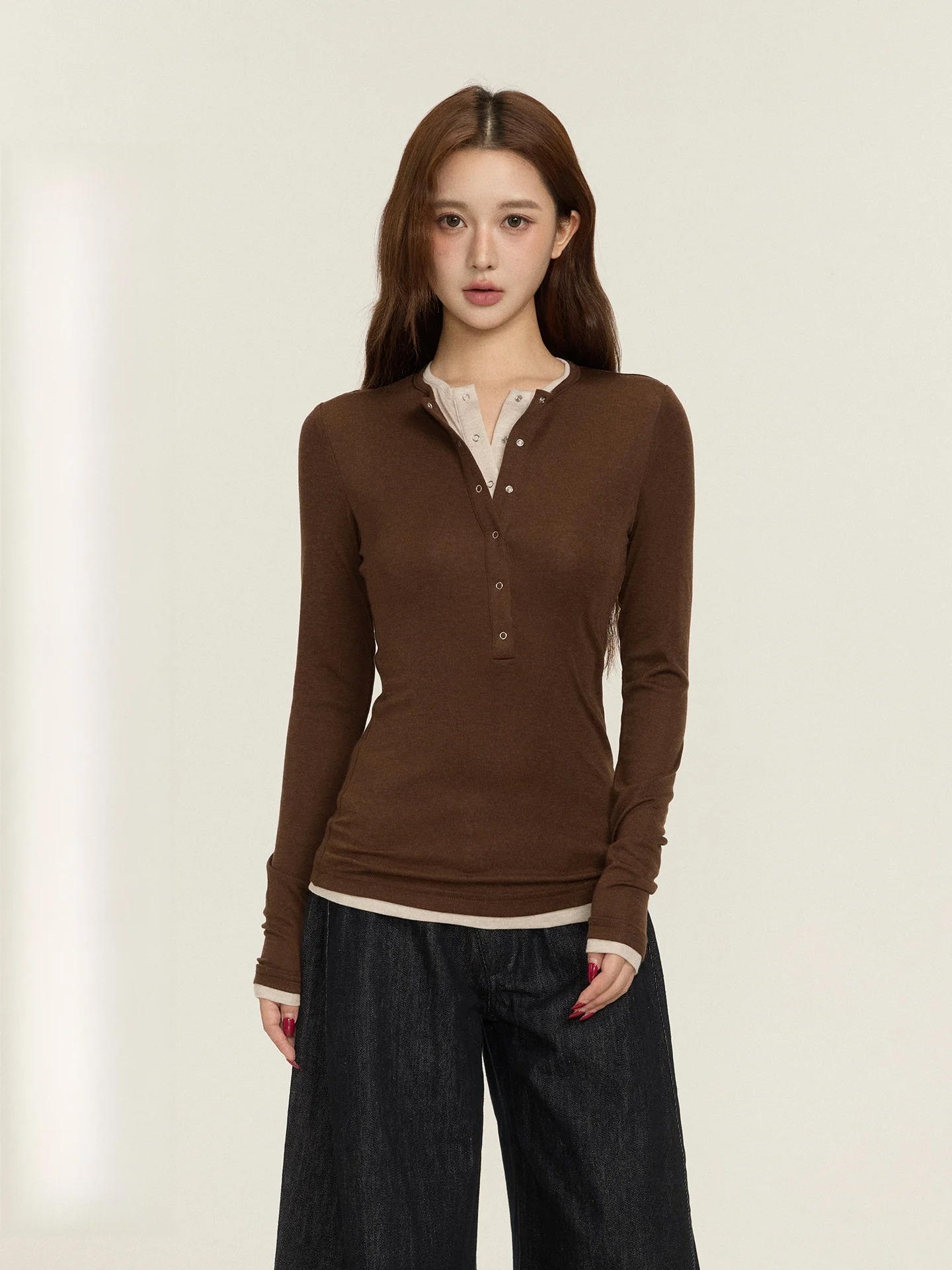 

Женская футболка BULENG с длинным рукавом, из чистой шерсти и шелка, с воротником Хенли, имитация двухслойности, осенний топ в американском стиле, приталенный крой, цветная