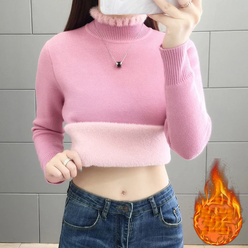 Korean Ruffles Half-Turtlenck Slim Thicken Knitted Pullovers Winter Plus Velvet Sweatercasual Fleece Lined Warm Knitwear Top