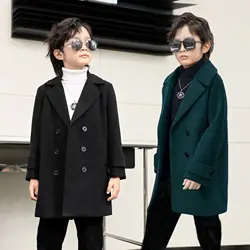 Children Winter Green Khaki Wool Coat Boys Girls Windproof Outdoor Long Jacket Kid Fromal Birthday Party Photography Woolen Coat