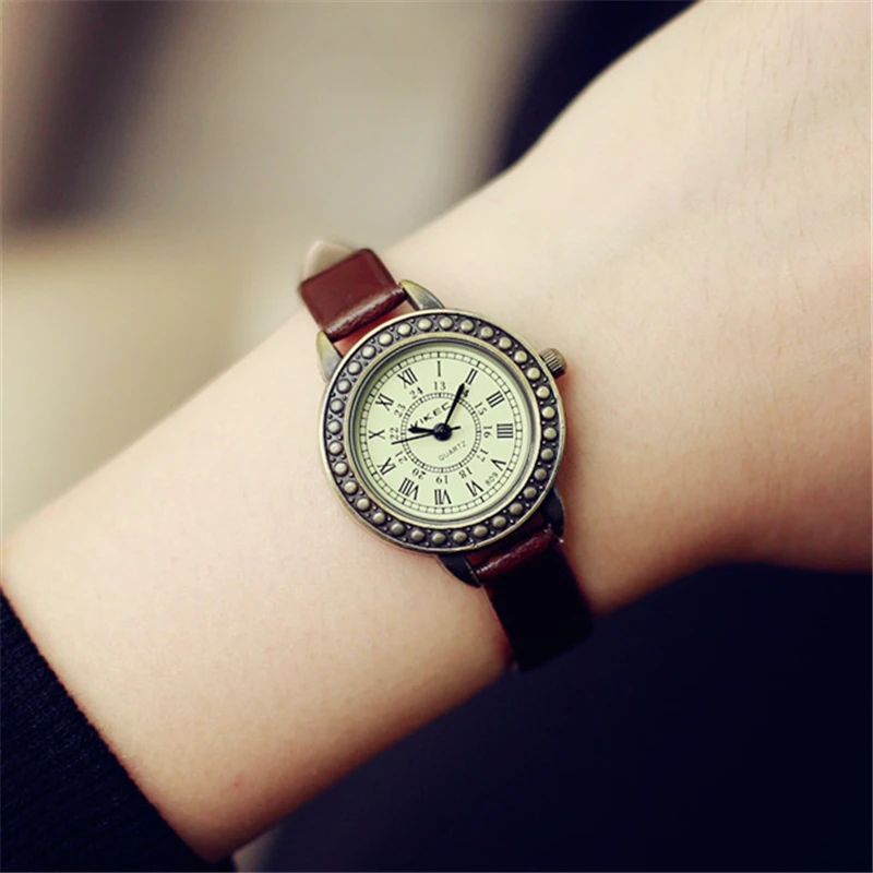 Vintage women leather watch slim PU leather Roman scale quartz watch