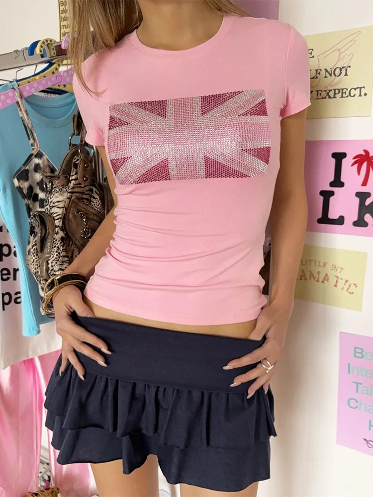 Sommer Y2K Britische Flagge Strass-Print Rundhals Slim Kurzarm Gerafftes Crop-T-Shirt Damen Casual Tee Top 2026 Neu – Detail 2