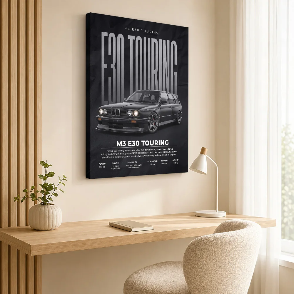 Black Sleek M3 E30 Touring Race Car Canvas Poster Customized Photo Dynamic Illustration Style Garage Wall Paintings Decoration