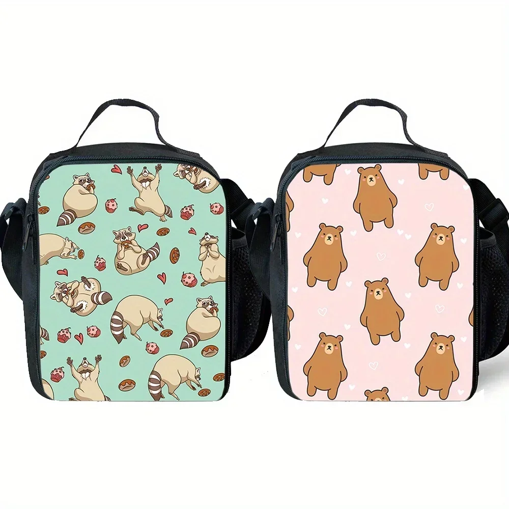 Little Raccoon & Bear Print Portable Lunch Bag, Waterproof And Leak Proof Insulated Large Capacity Bag For Boys And Girls